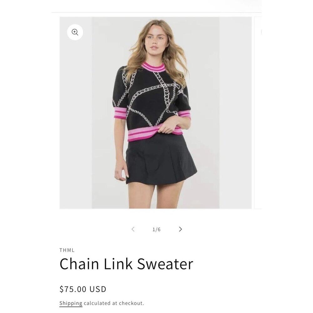 THML NWT Medium Black Pink Chain Print Puff Sleeve Sweater Knit Top Statement